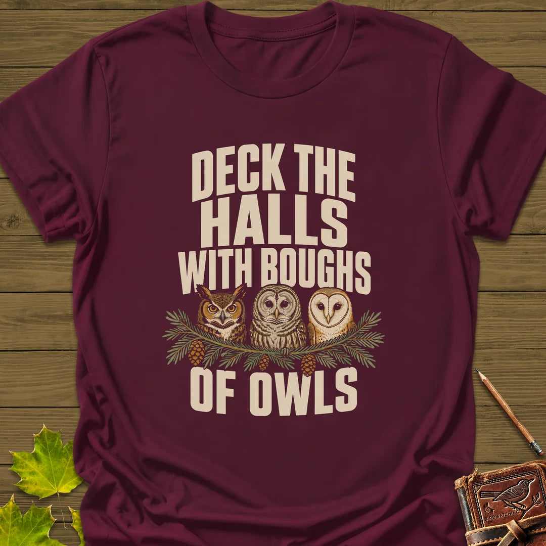 Deck The Halls Of Owls T-Shirt in Maroon
