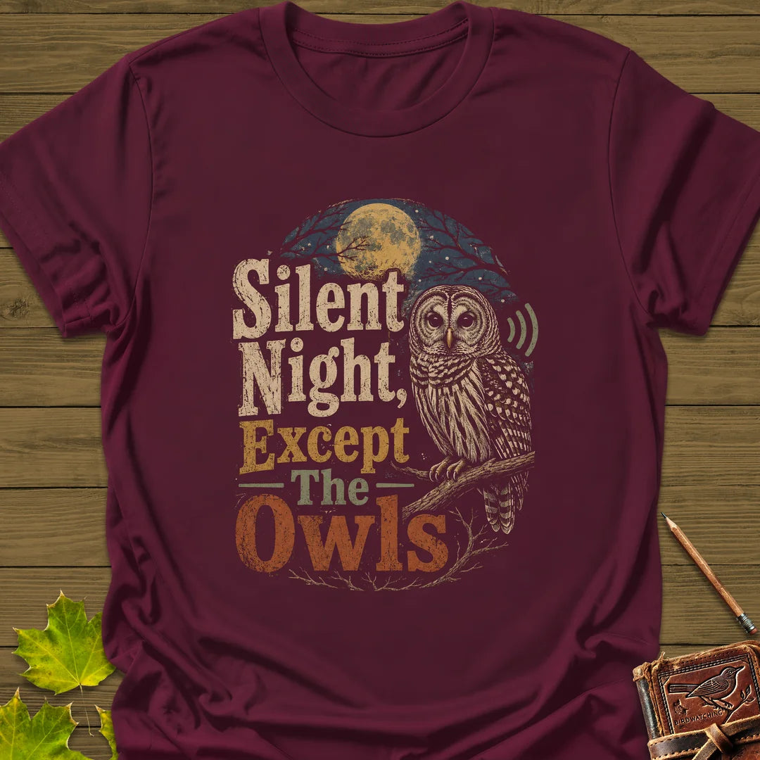 Silent Night Except Owls T-Shirt in Maroon