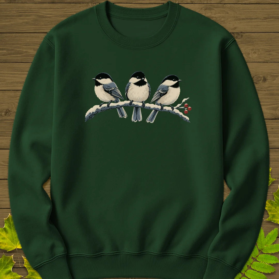 Winter Berry Chickadees Sweatshirt in Forest Green