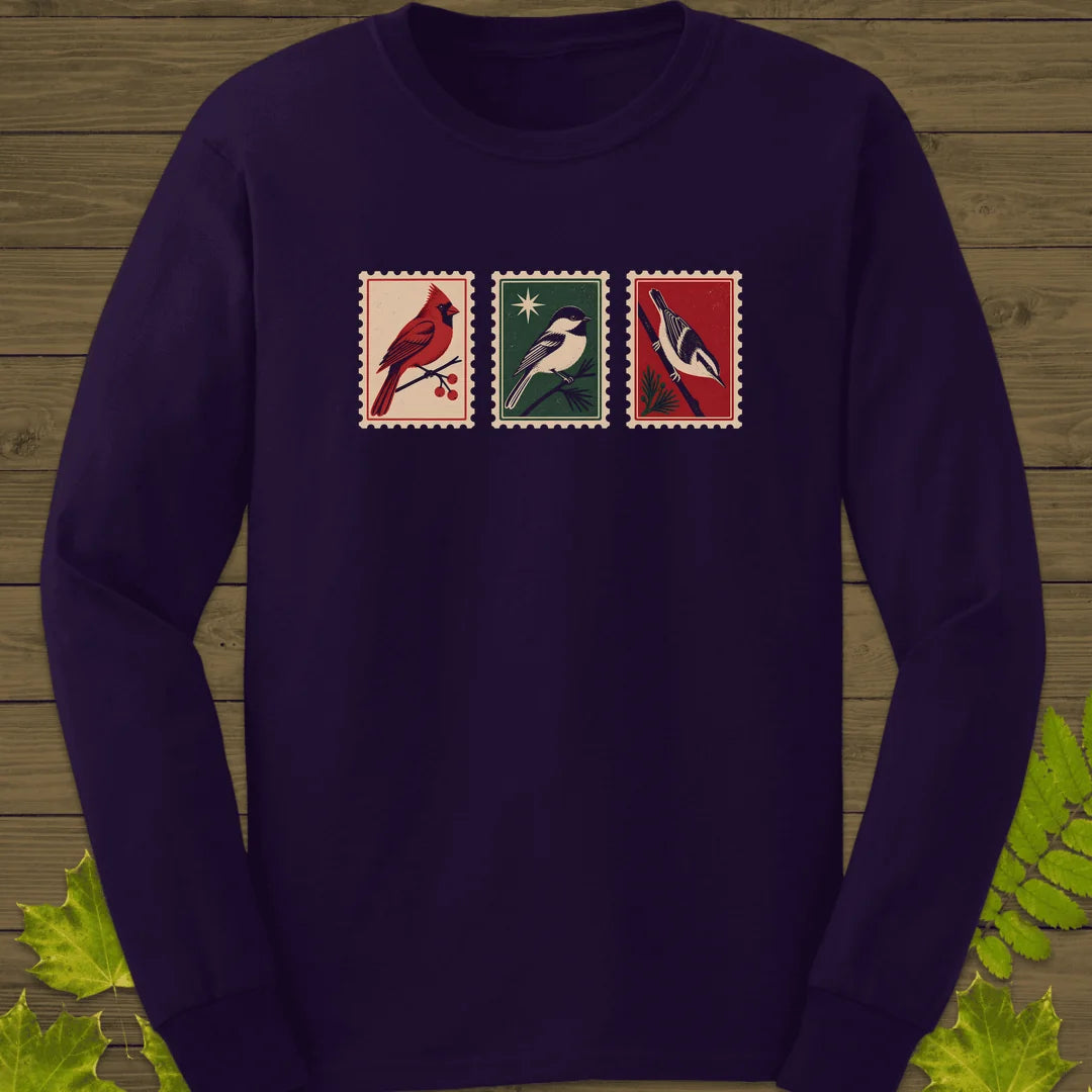 Postage Stamp Songbirds Long Sleeve in Purple