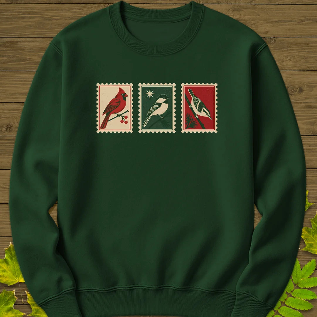 Postage Stamp Songbirds Sweatshirt in Forest Green