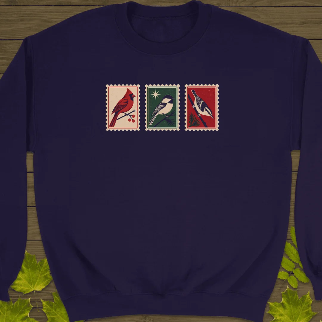 Postage Stamp Songbirds Sweatshirt in Purple