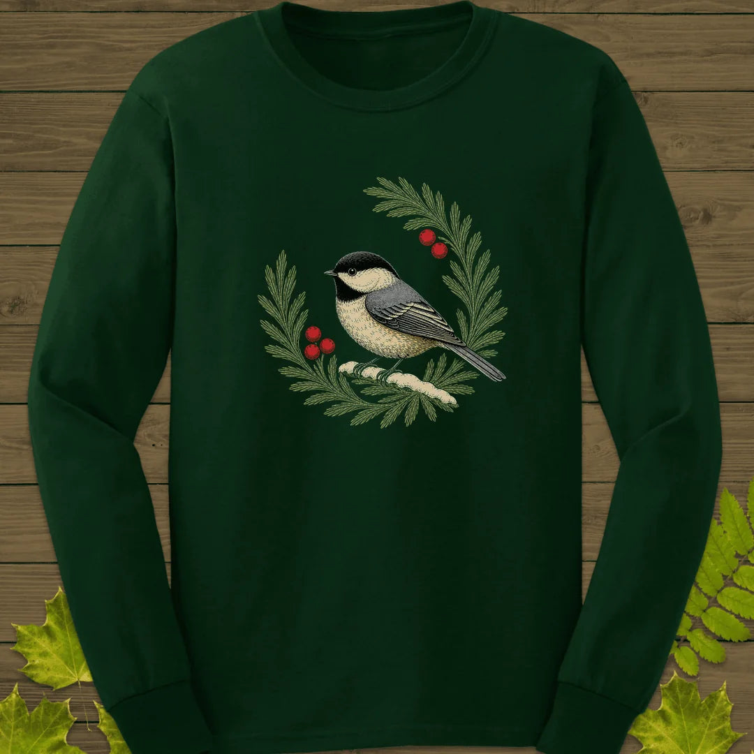 Winterberry Chickadee Long Sleeve in Forest Green