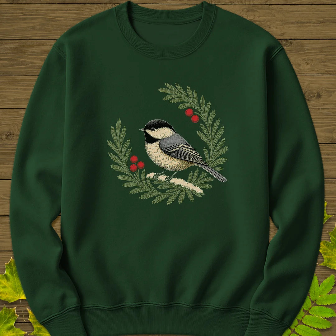 Chickadee Wreath Sweatshirt in Forest Green