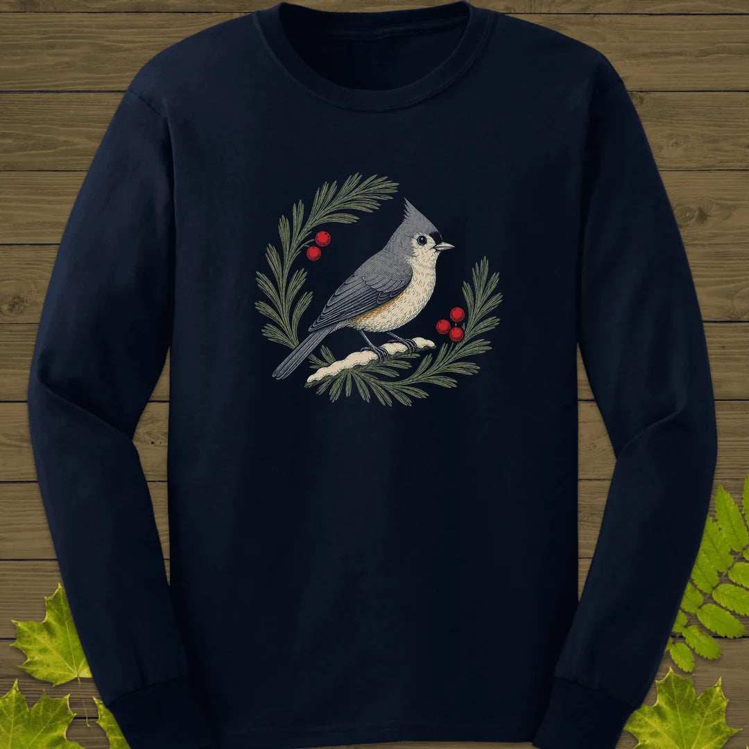 Tufted Titmouse Sprig Long Sleeve in Navy