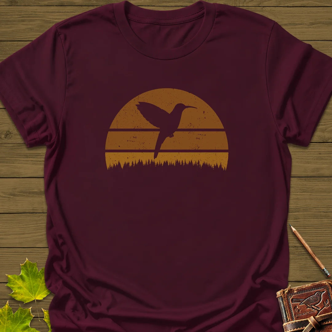 Retro Sunset Hummingbird T-Shirt in Maroon
