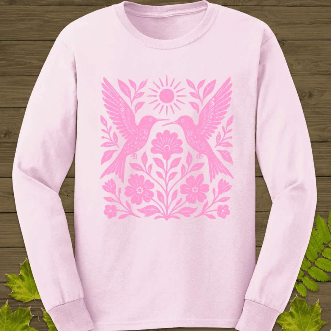 Hummingbird Folk Art Print Long Sleeve in Light Pink