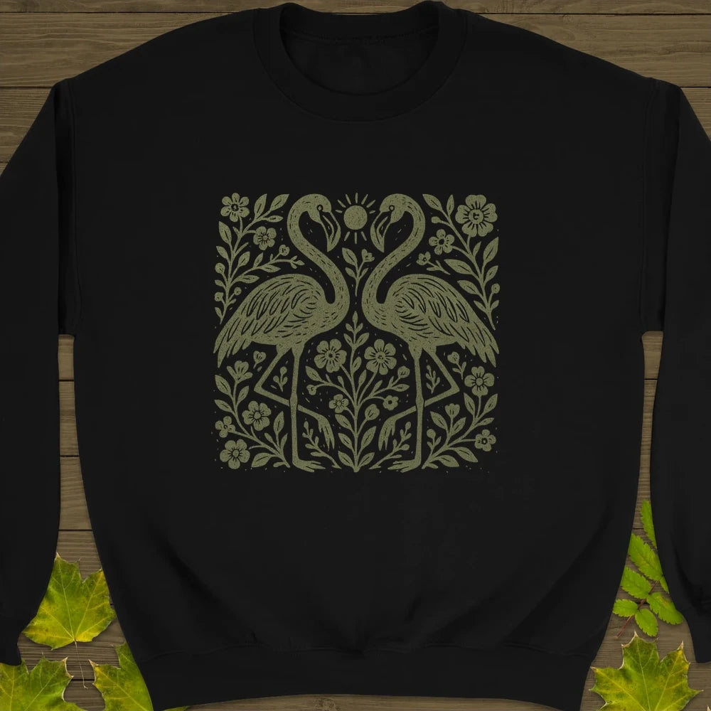 Flamingo Boho Print Crewneck Sweatshirt Black