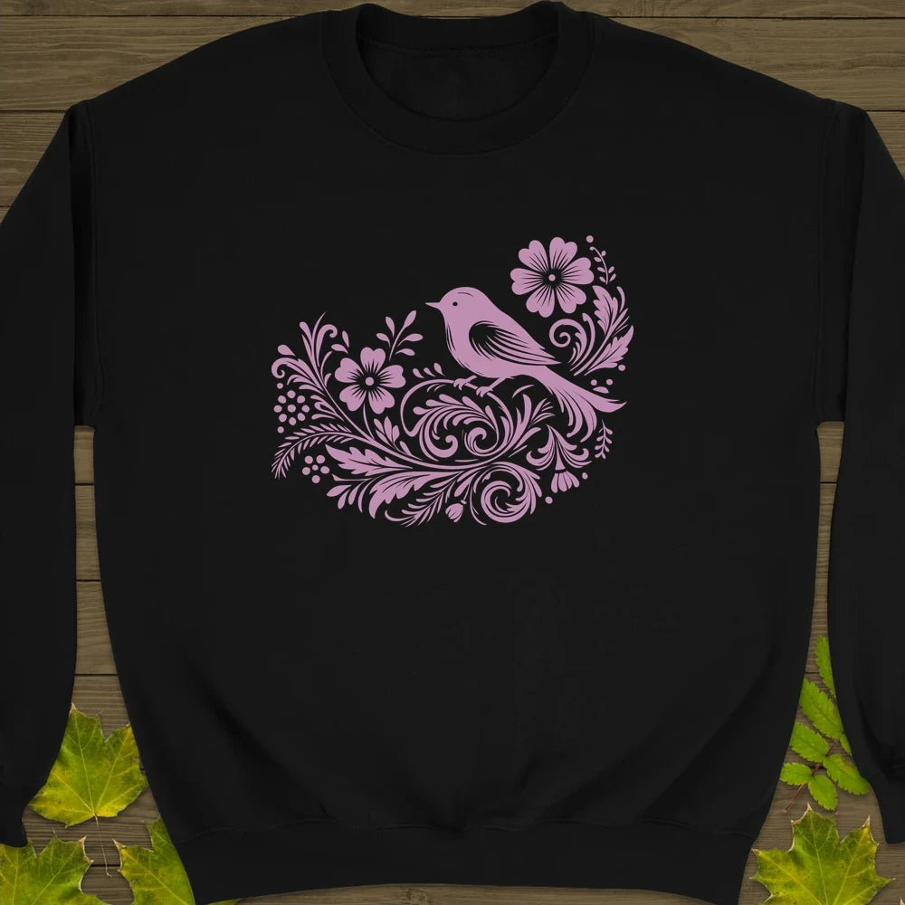 Floral Bird and Blooms Crewneck Sweatshirt Black