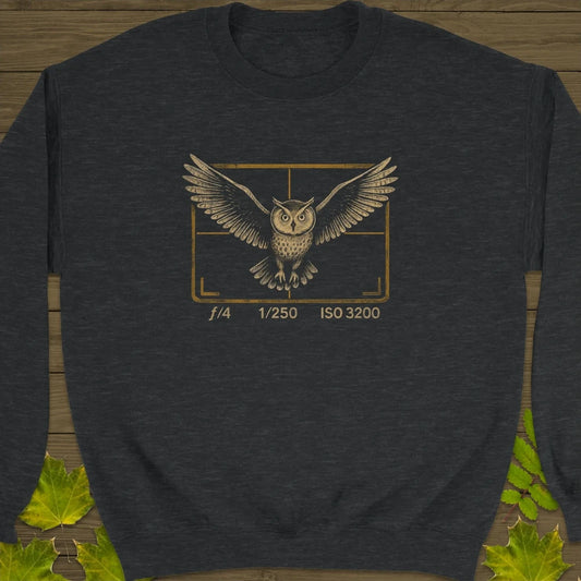 Owl and Camera Frame Crewneck Sweatshirt Dark Heather