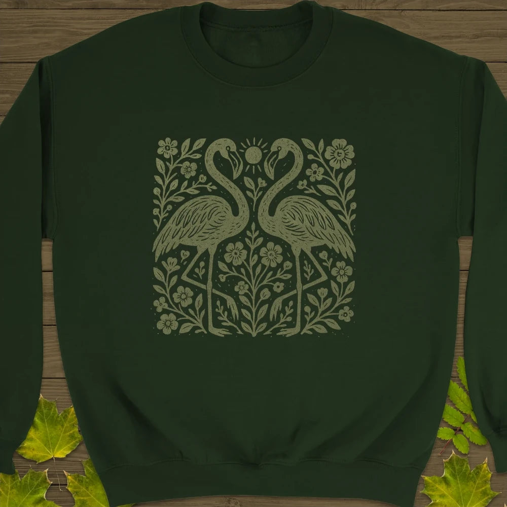 Flamingo Boho Print Crewneck Sweatshirt Forest Green