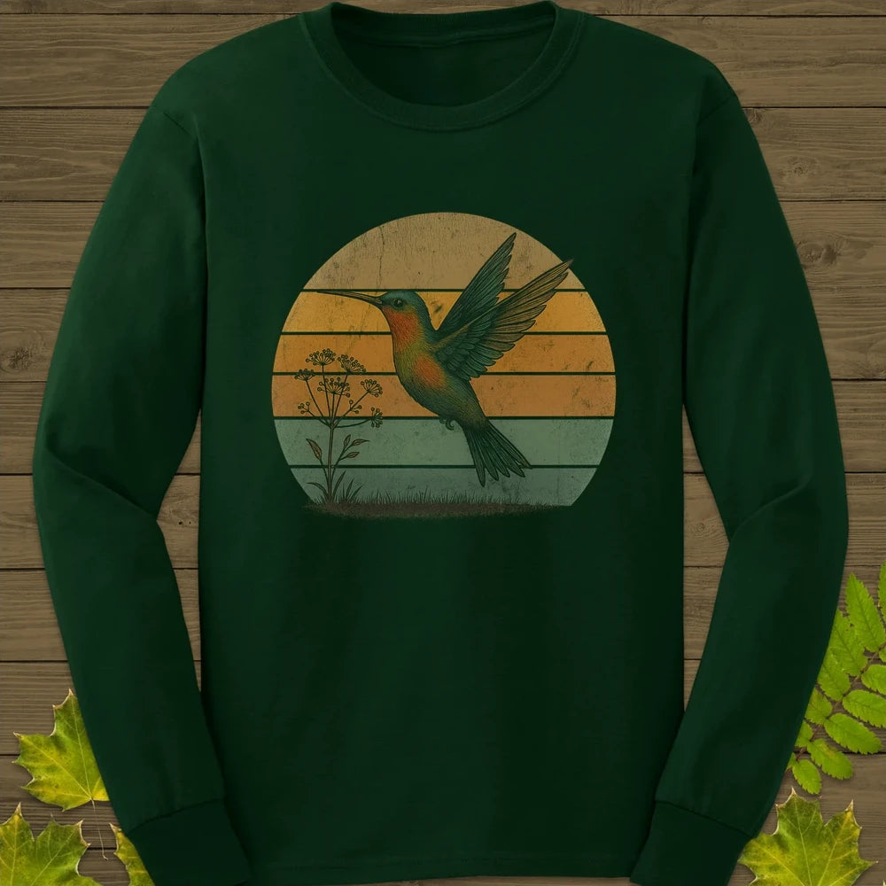 Vintage Hummingbird Sunset Long Sleeve Forest Green