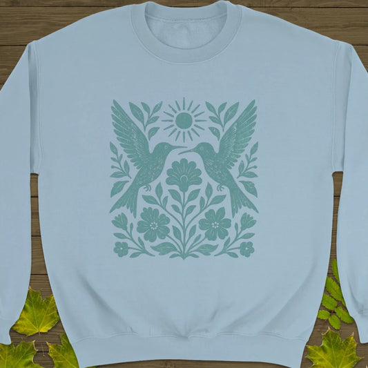 Hummingbird Folk Art Print Crewneck Sweatshirt Light Blue
