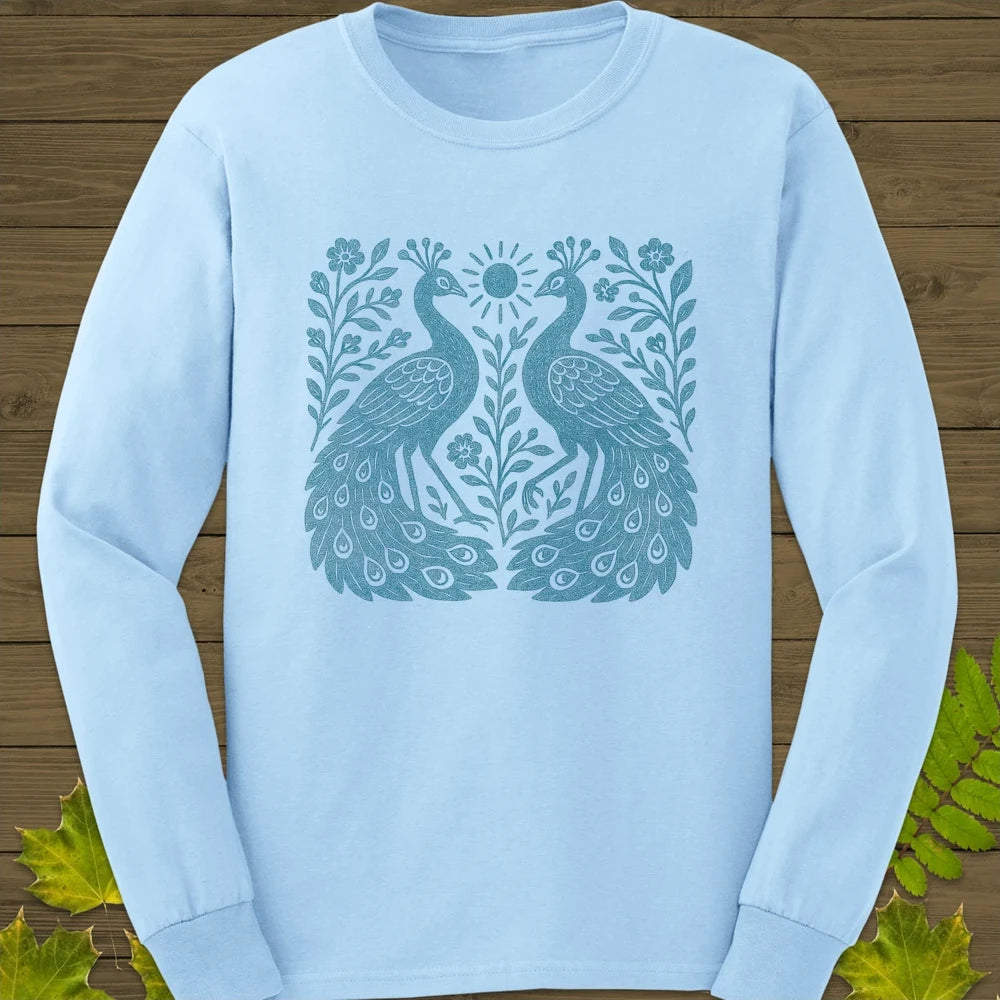 Peacock Vintage Print Long Sleeve Light Blue