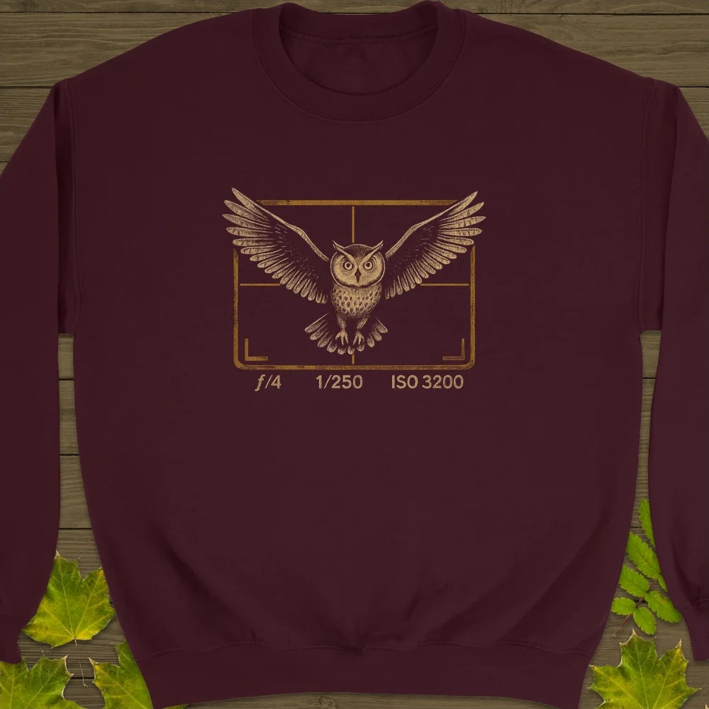 Owl and Camera Frame Crewneck Sweatshirt Maroon