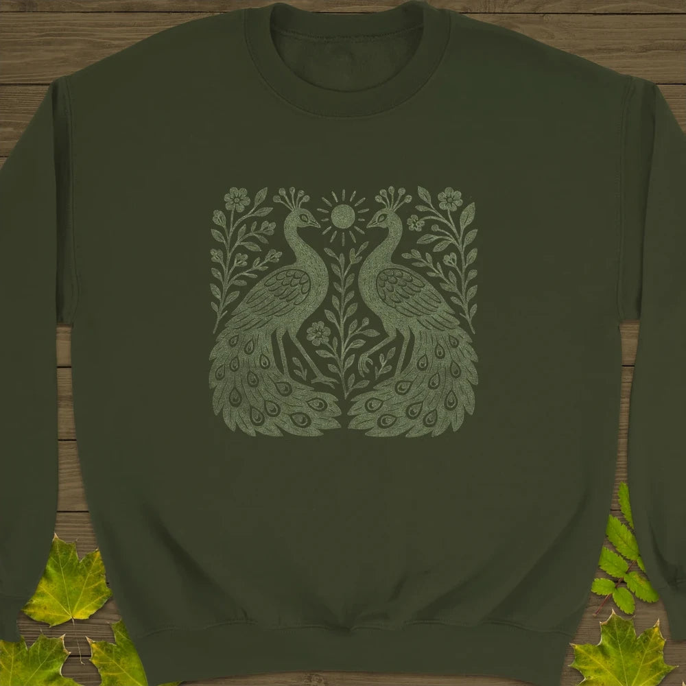 Peacock Vintage Print Crewneck Sweatshirt Military Green