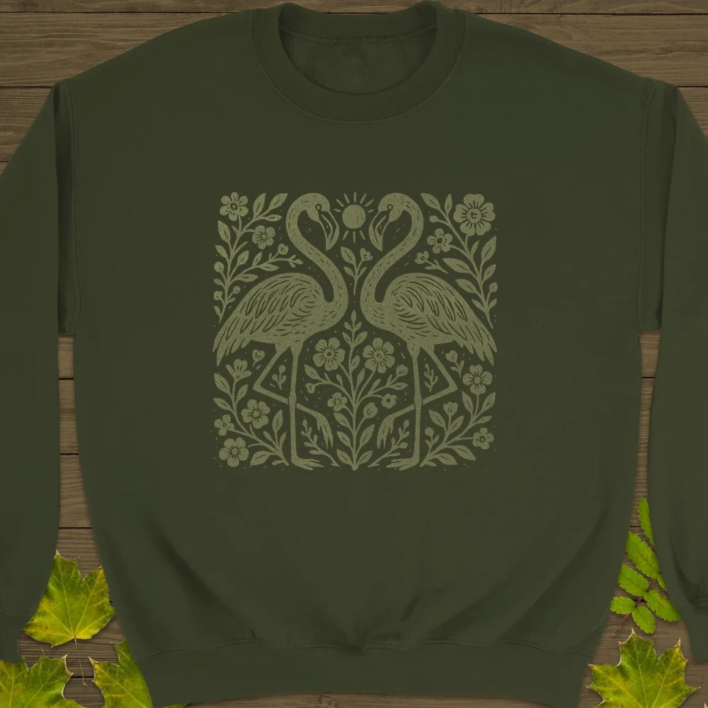 Flamingo Boho Print Crewneck Sweatshirt Military Green