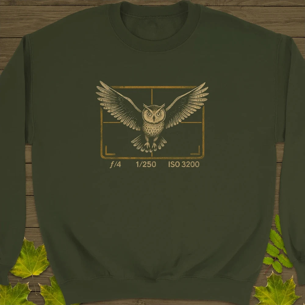 Owl and Camera Frame Crewneck Sweatshirt Military Green