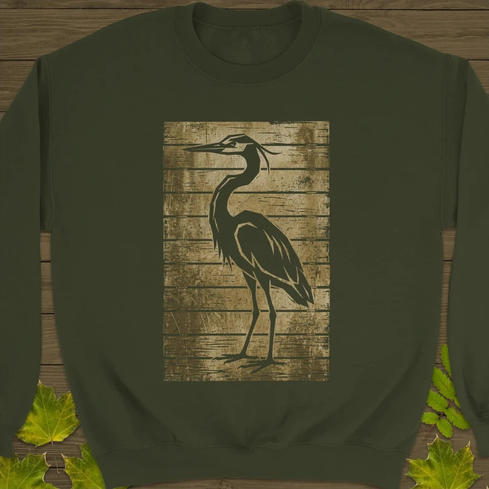 Rustic Heron Silhouette Sweatshirt Military Green