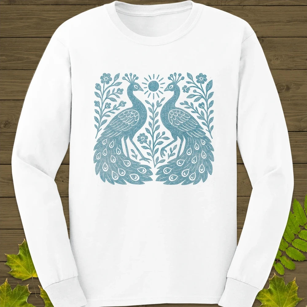 Peacock Vintage Print Long Sleeve White