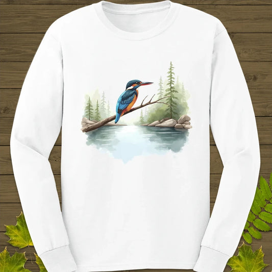 Watercolor Kingfisher Long Sleeve White