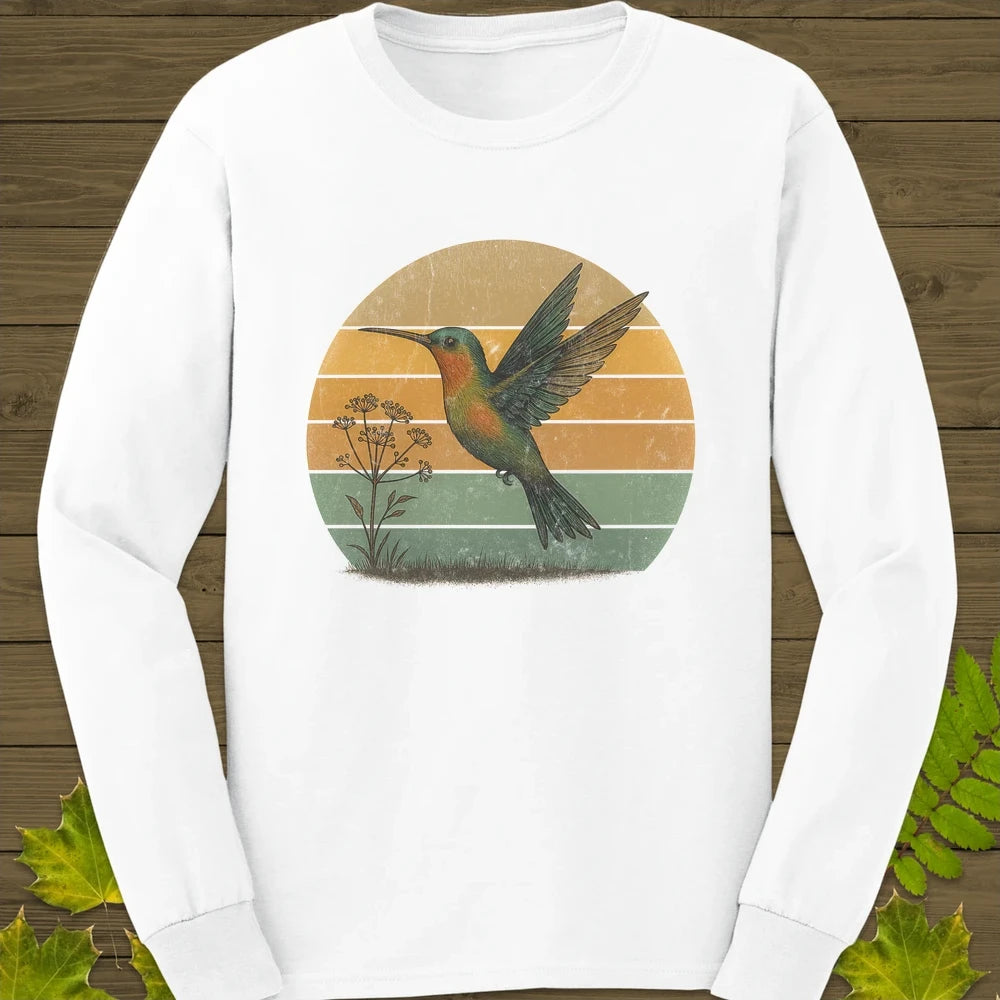 Vintage Hummingbird Sunset Long Sleeve White