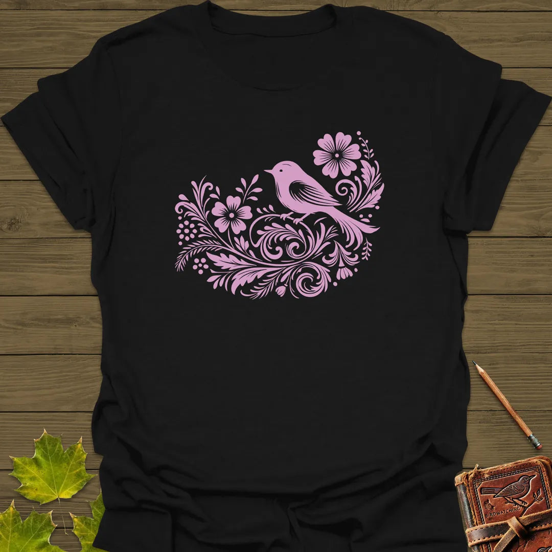 Floral Bird and Blooms T-Shirt Black