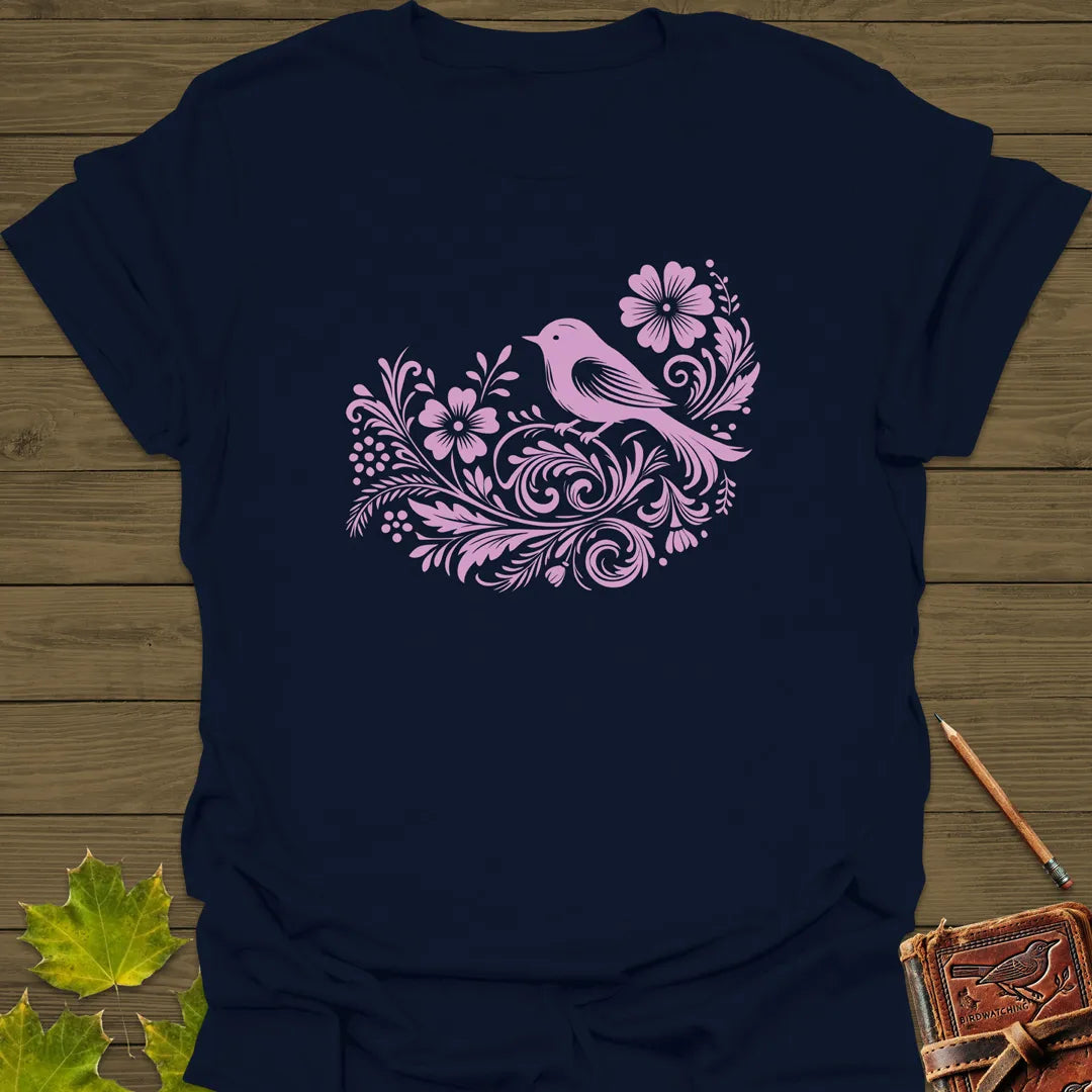 Floral Bird and Blooms T-Shirt Navy