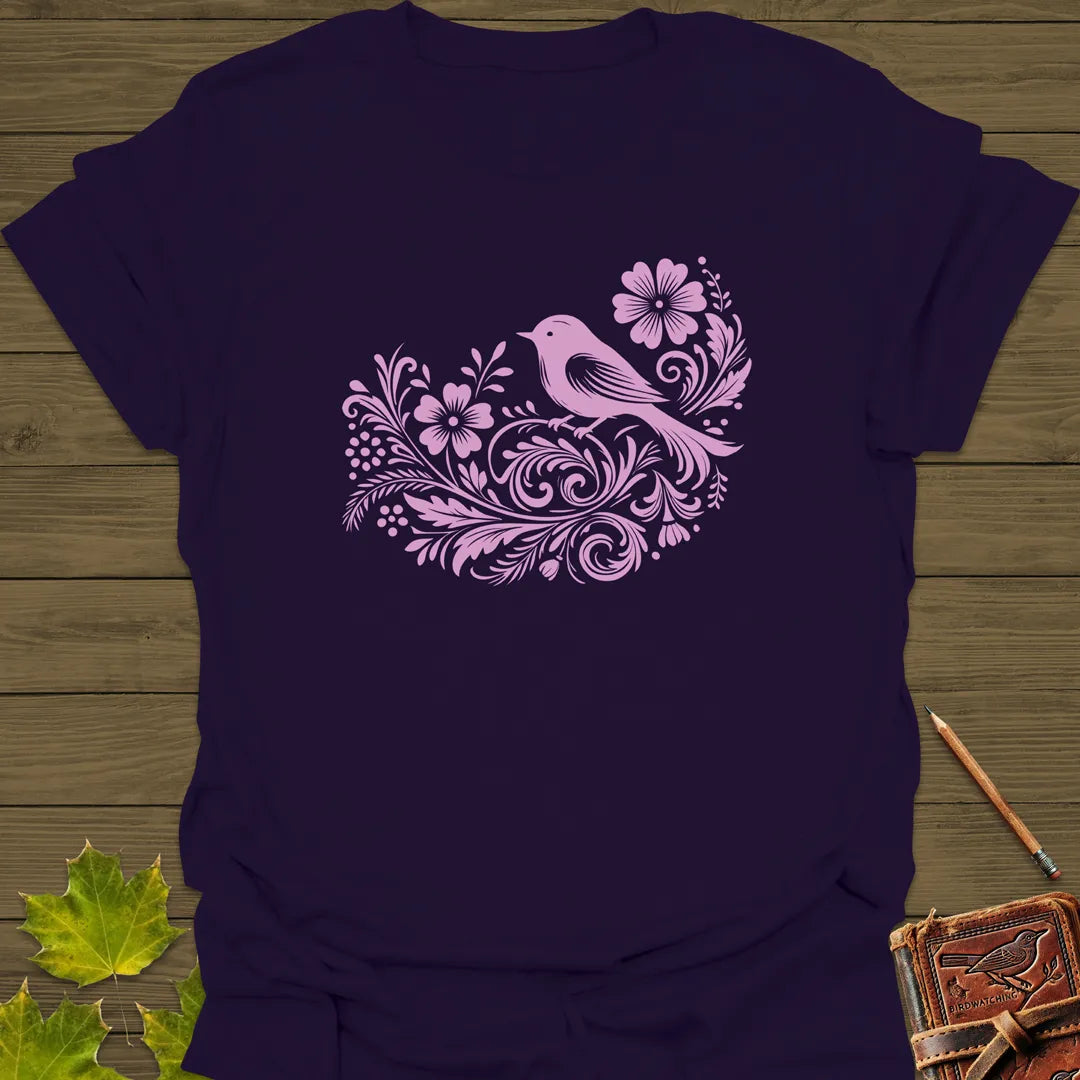 Floral Bird and Blooms T-Shirt Purple