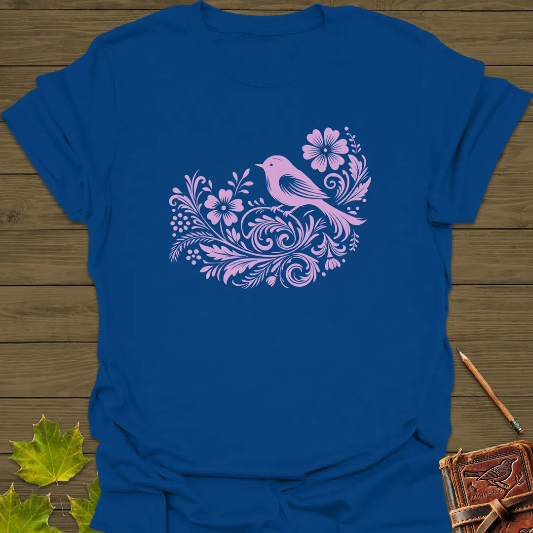 Floral Bird and Blooms T-Shirt Royal