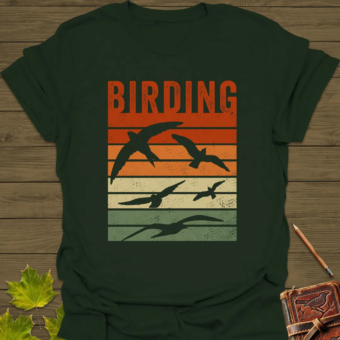 Vintage Birding Sunset T-Shirt Forest Green
