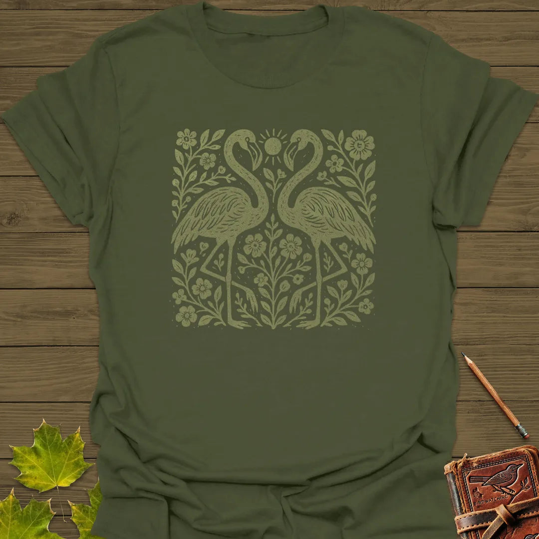 Flamingo Boho Print T-Shirt Military Green