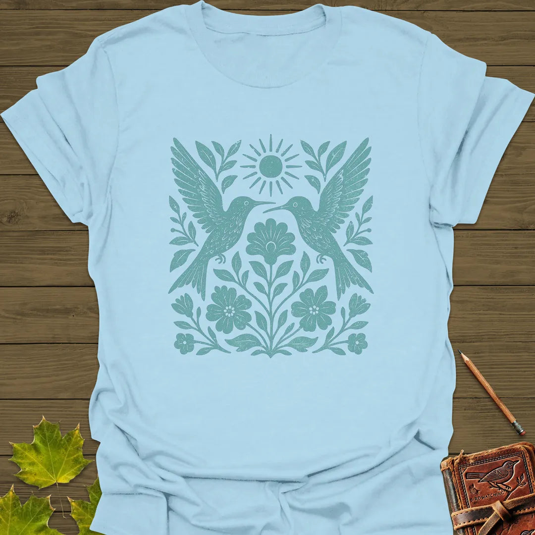 Hummingbird Folk Art Print T-Shirt Light Blue