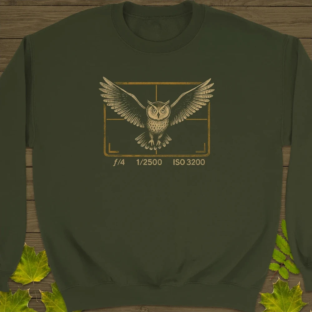 Owl and Camera Frame Crewneck Sweatshirt Military Green