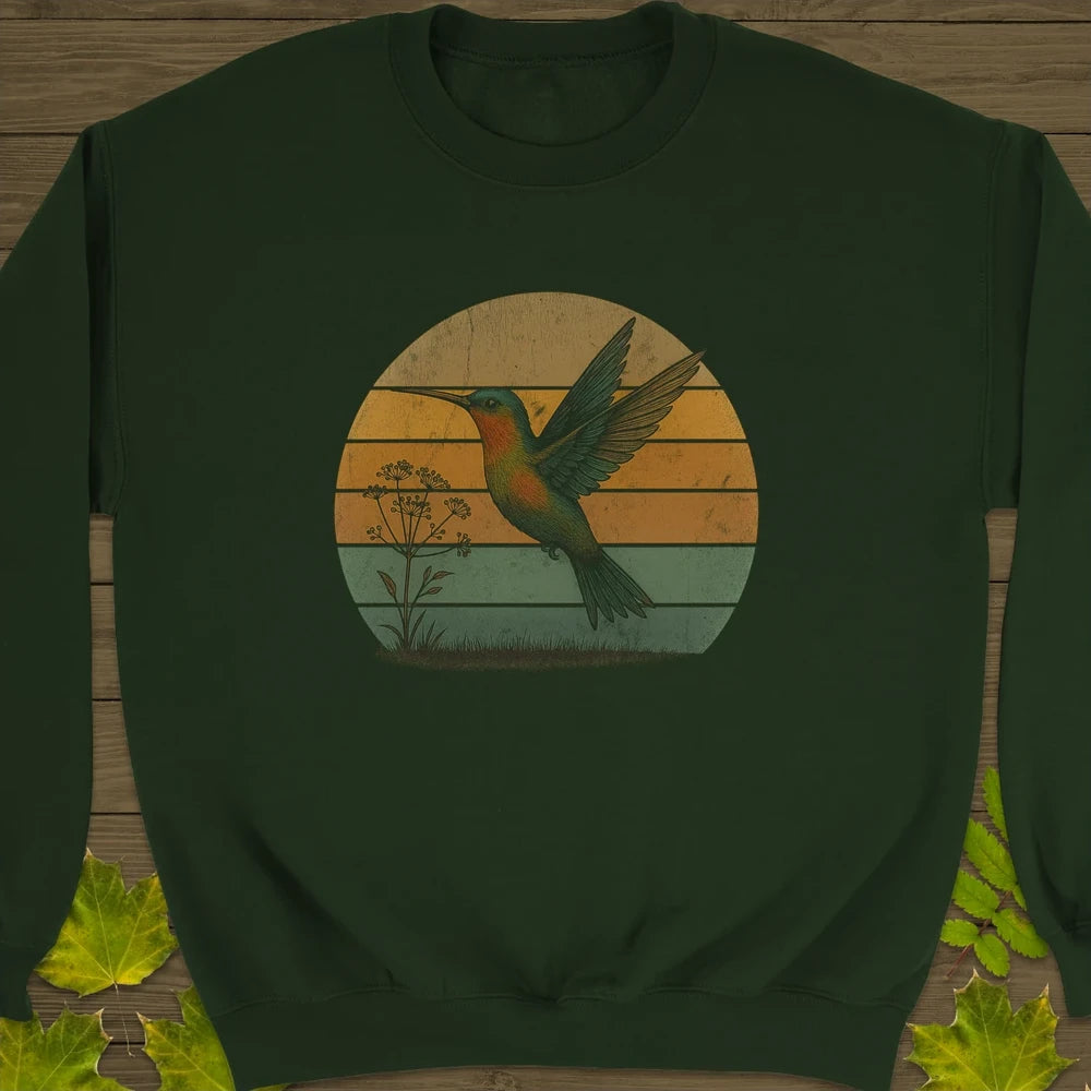 Vintage Hummingbird Sunset Crewneck Sweatshirt Forest Green
