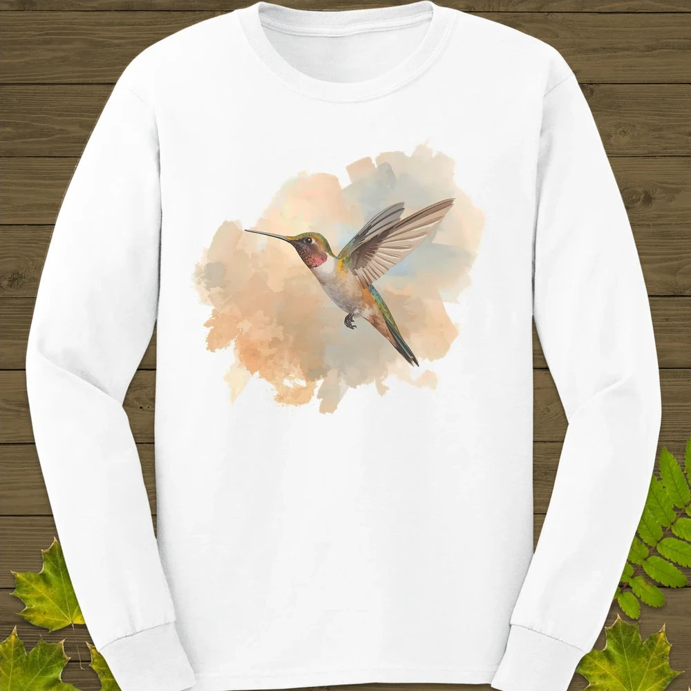 Hummingbird Watercolor Long Sleeve White