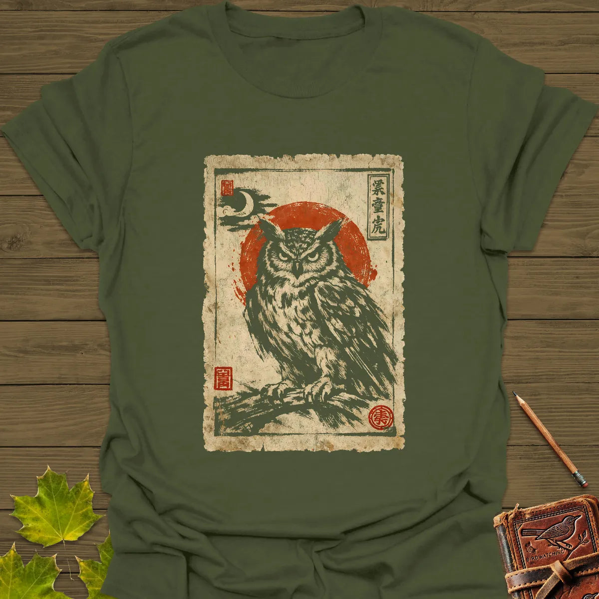 Owl Japanese Art T-Shirt Military Green