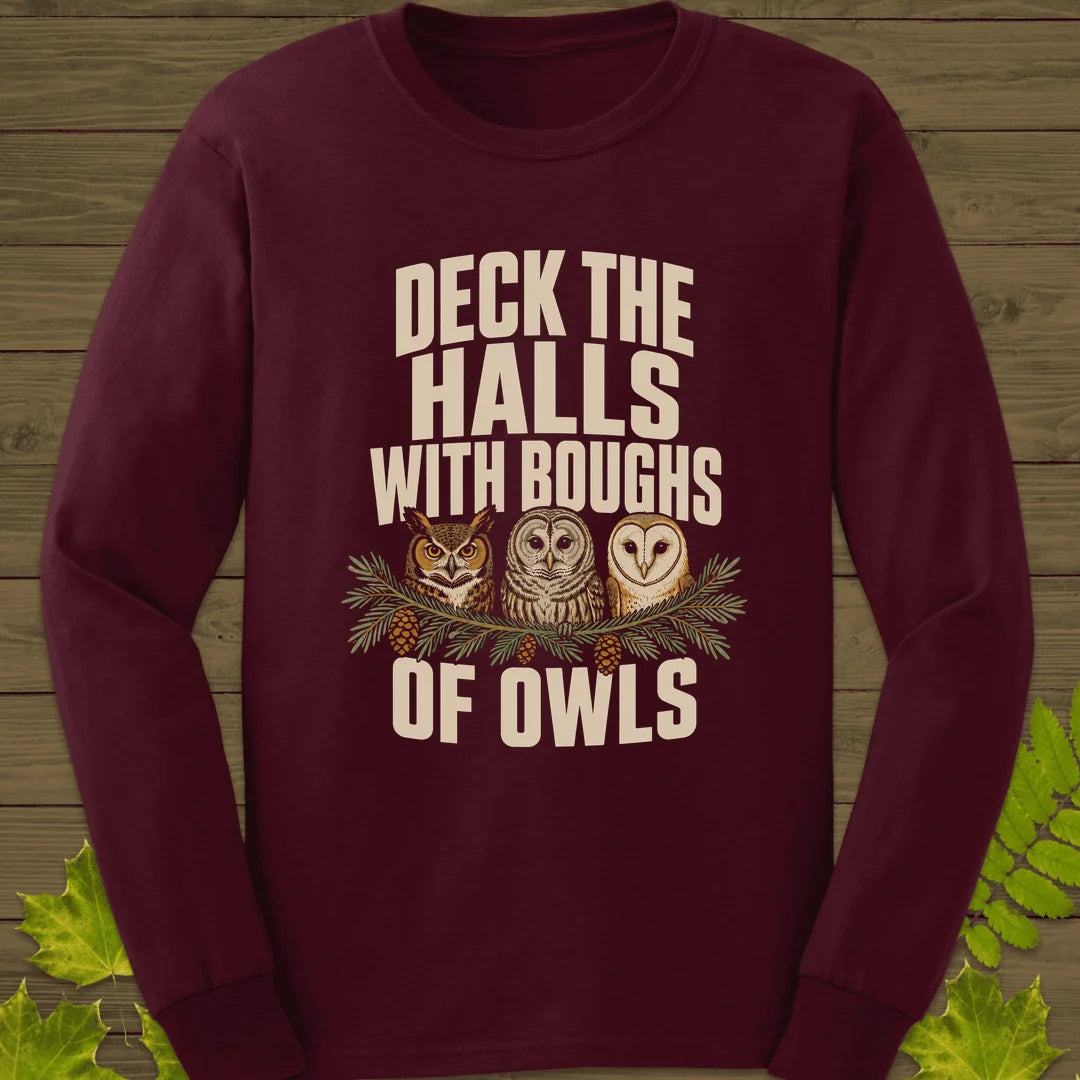 Deck The Halls Of Owls Long Sleeve in Maroon