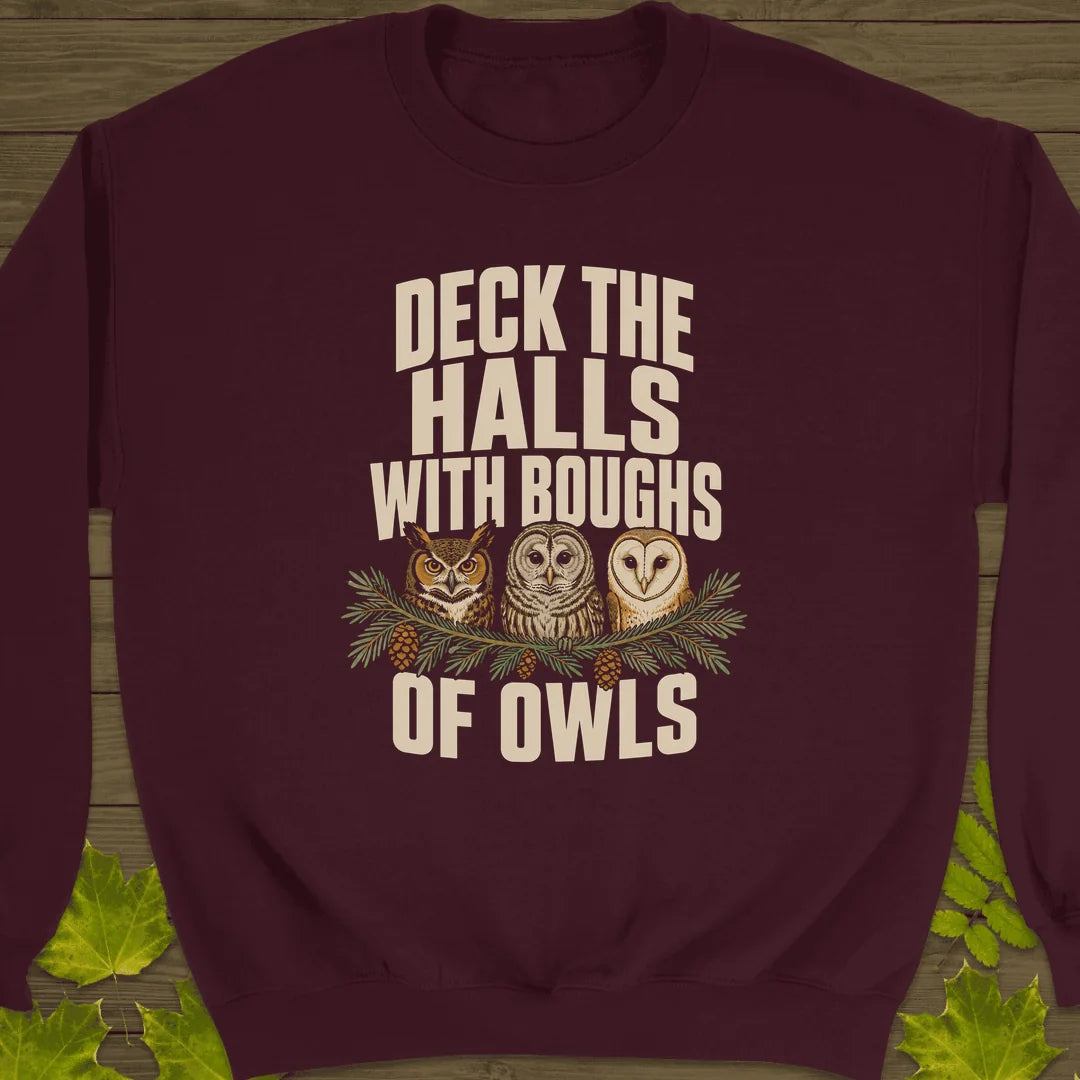 Deck The Halls Of Owls Sweatshirt in Maroon