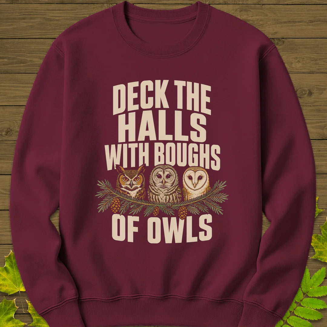 Deck The Halls Of Owls Sweatshirt in Maroon
