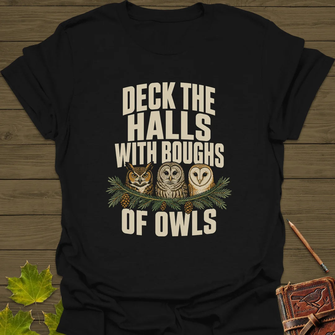 Deck The Halls Of Owls T-Shirt in Black