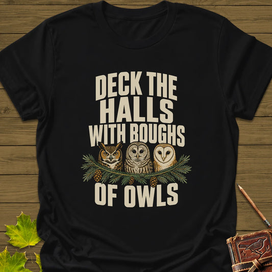 Deck The Halls Of Owls T-Shirt in Black
