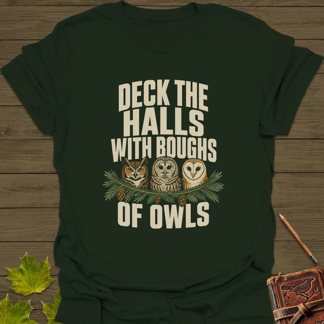 Deck The Halls Of Owls T-Shirt in Forest Green