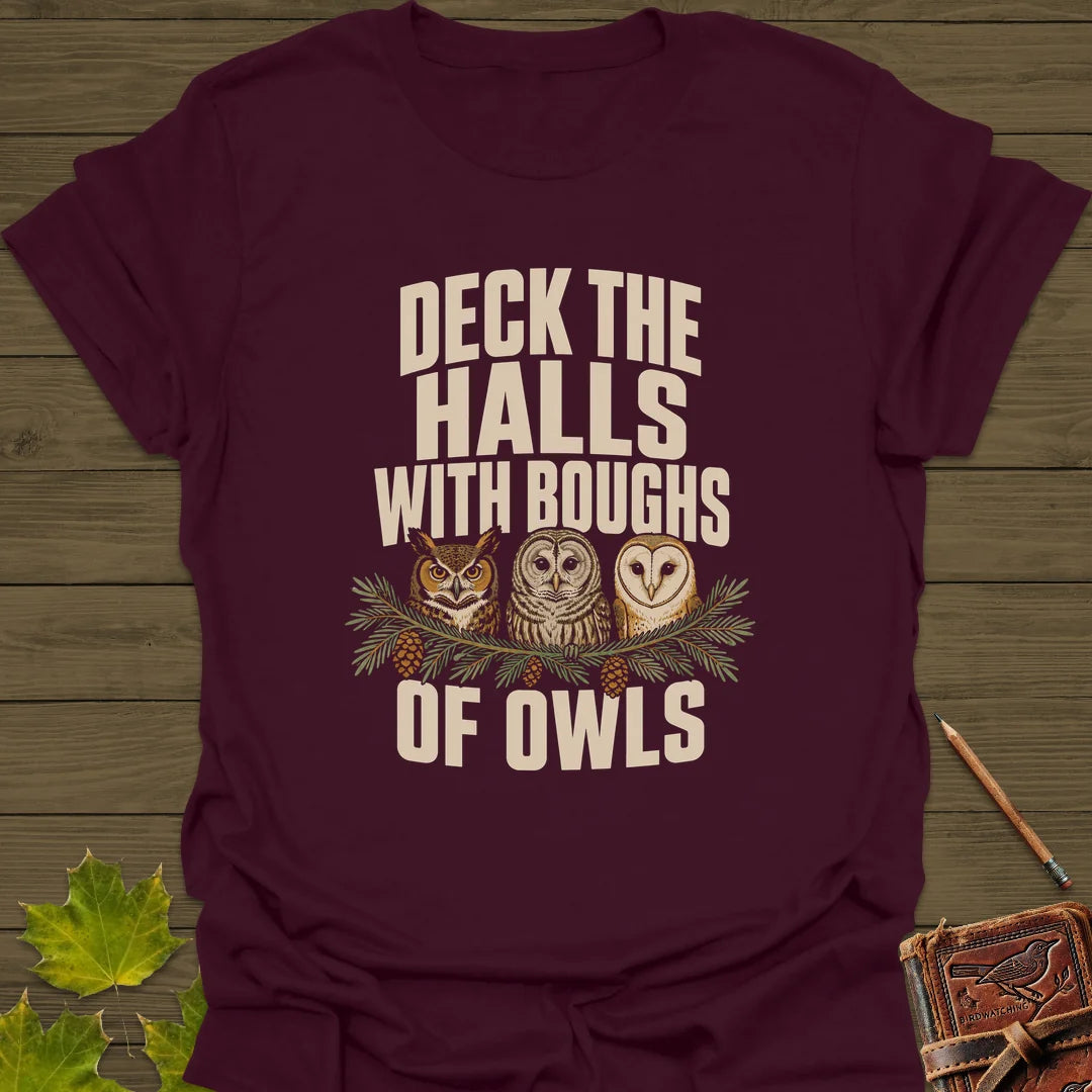 Deck The Halls Of Owls T-Shirt in Maroon