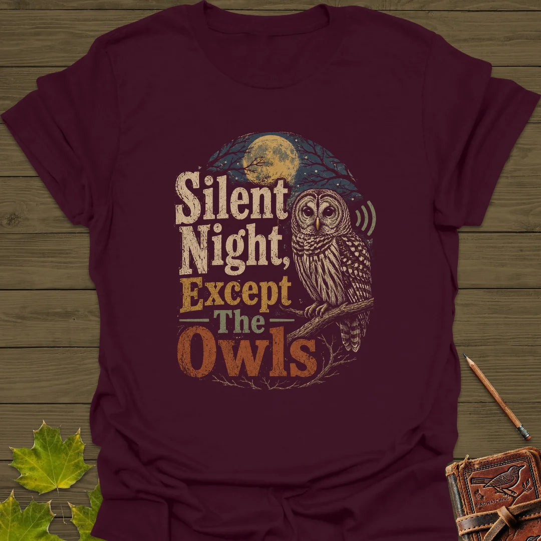 Silent Night Except Owls T-Shirt in Maroon