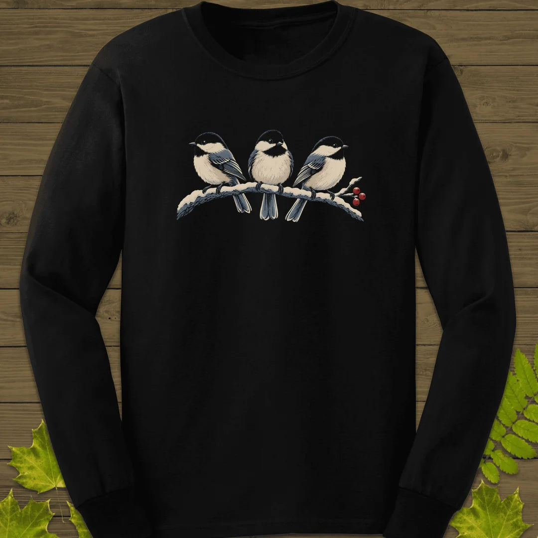 Winter Berry Chickadees Long Sleeve in Black