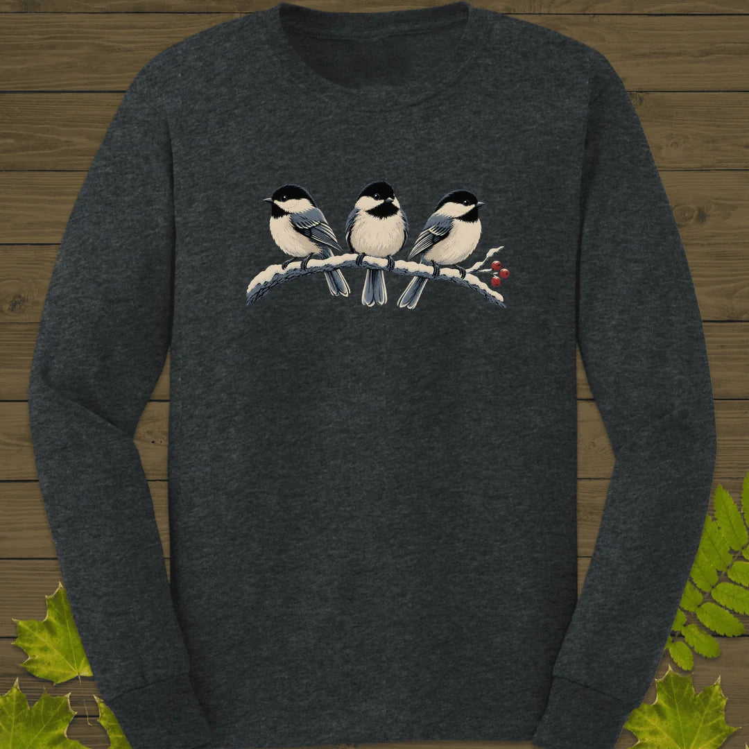 Winter Berry Chickadees Long Sleeve in Dark Heather