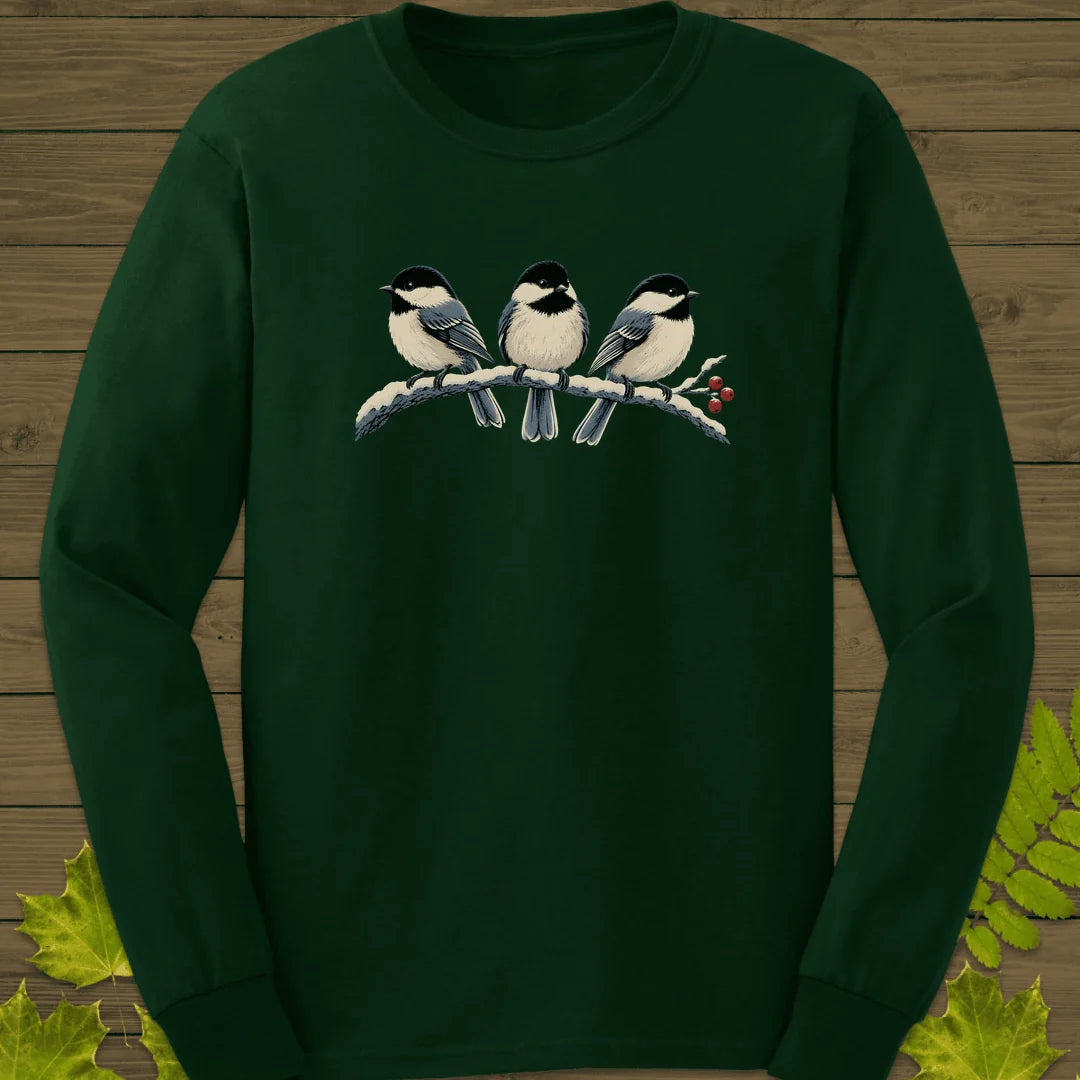 Winter Berry Chickadees Long Sleeve in Forest Green