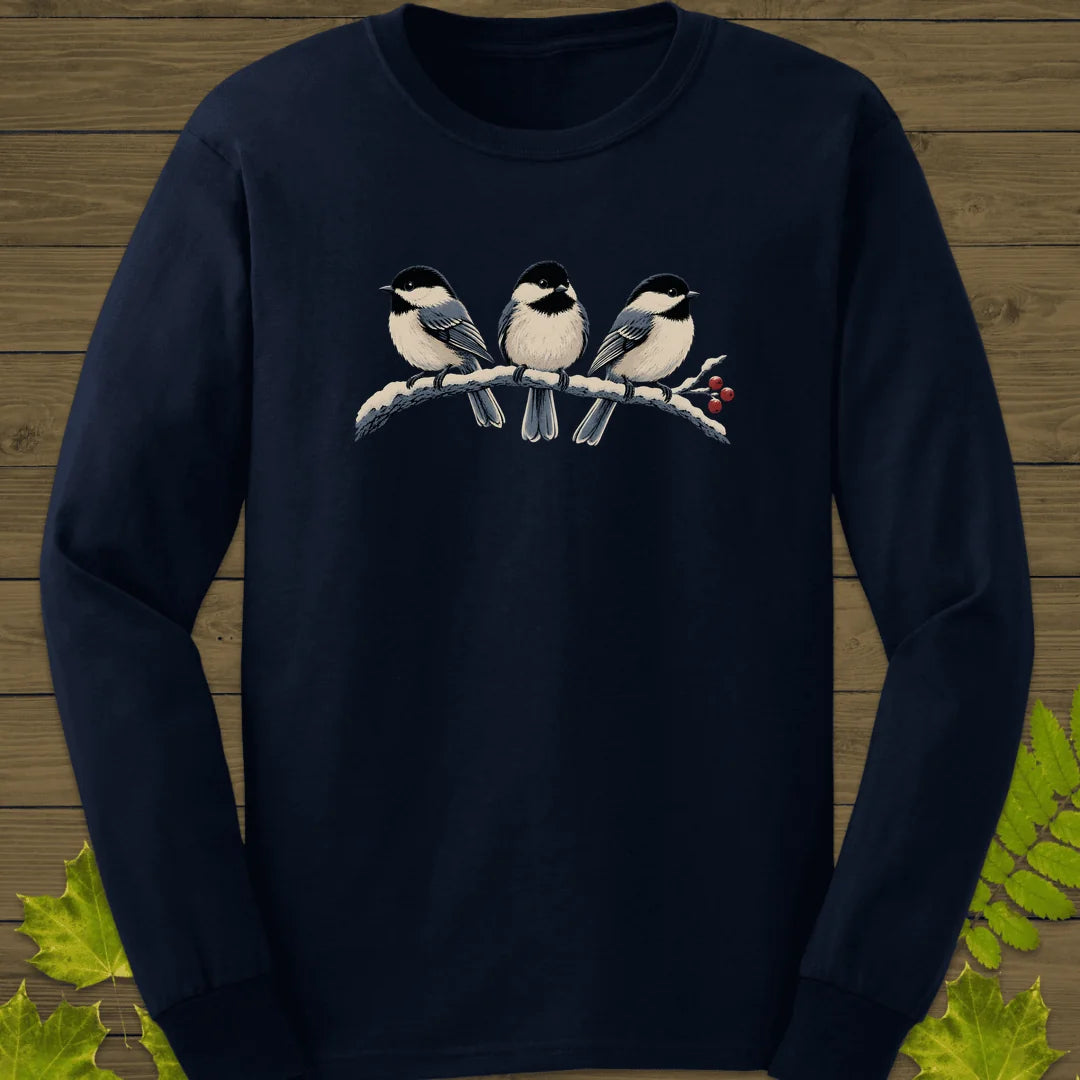 Winter Berry Chickadees Long Sleeve in Navy