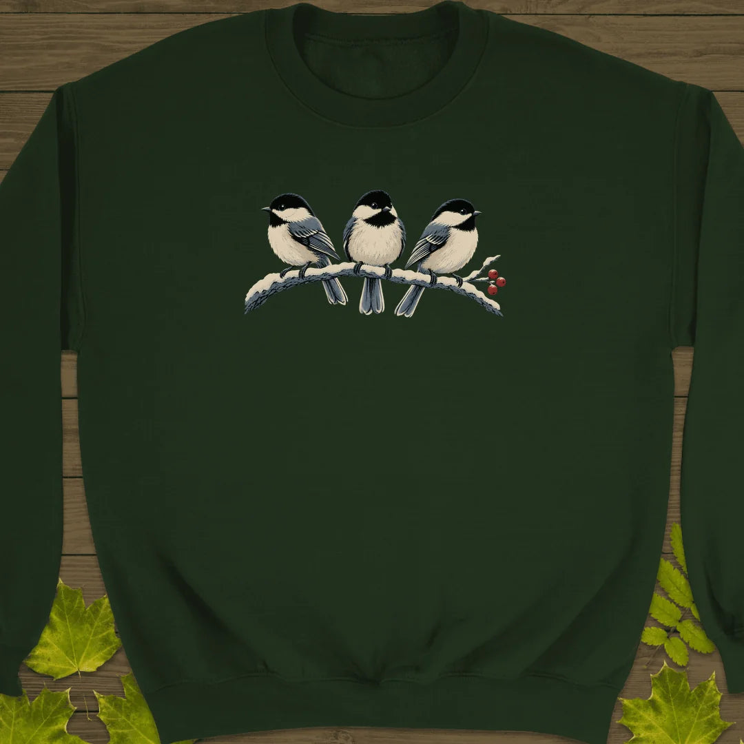 Winter Berry Chickadees Sweatshirt in Forest Green